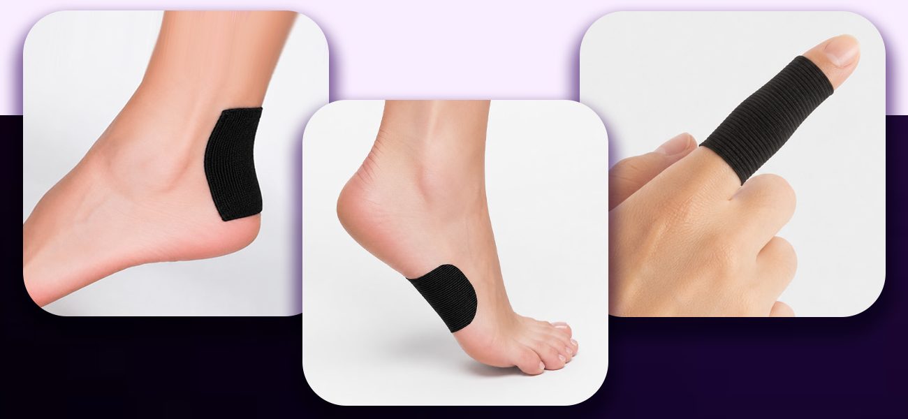 Steelhaus tape applied to a heel, the ball of a foot and a finger